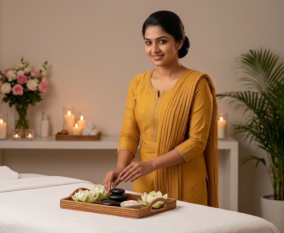 Spa therapist preparing a massage room at Aesthetic Luxurious Wellness Spa